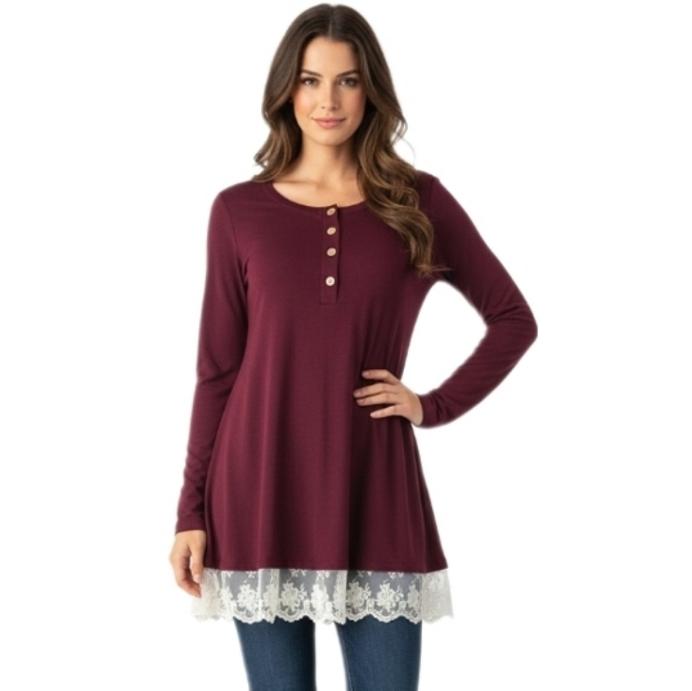 Burgundy Lace Hem Tunic Top Long Sleeve Button Front